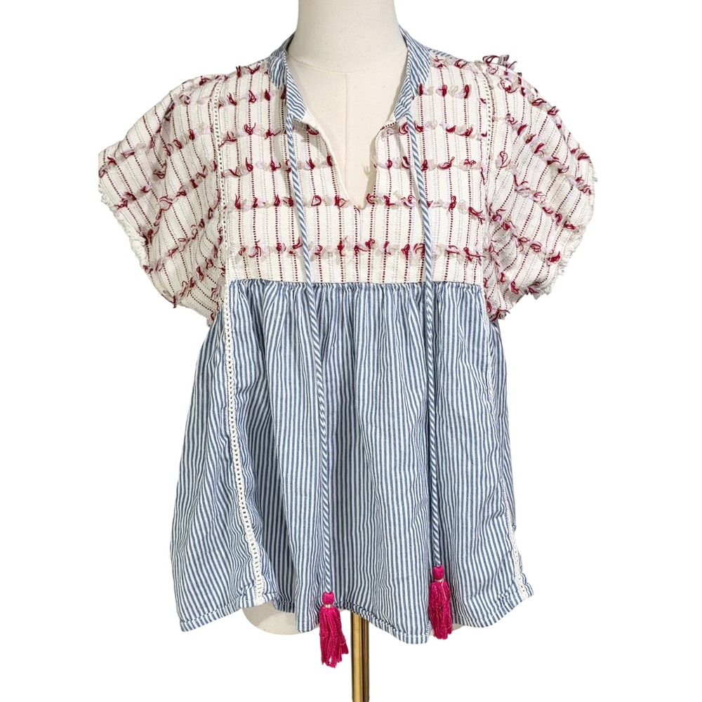 THML Tunic Blouse Women XS Blue White Striped Tassel Boho Embroidered Excellent